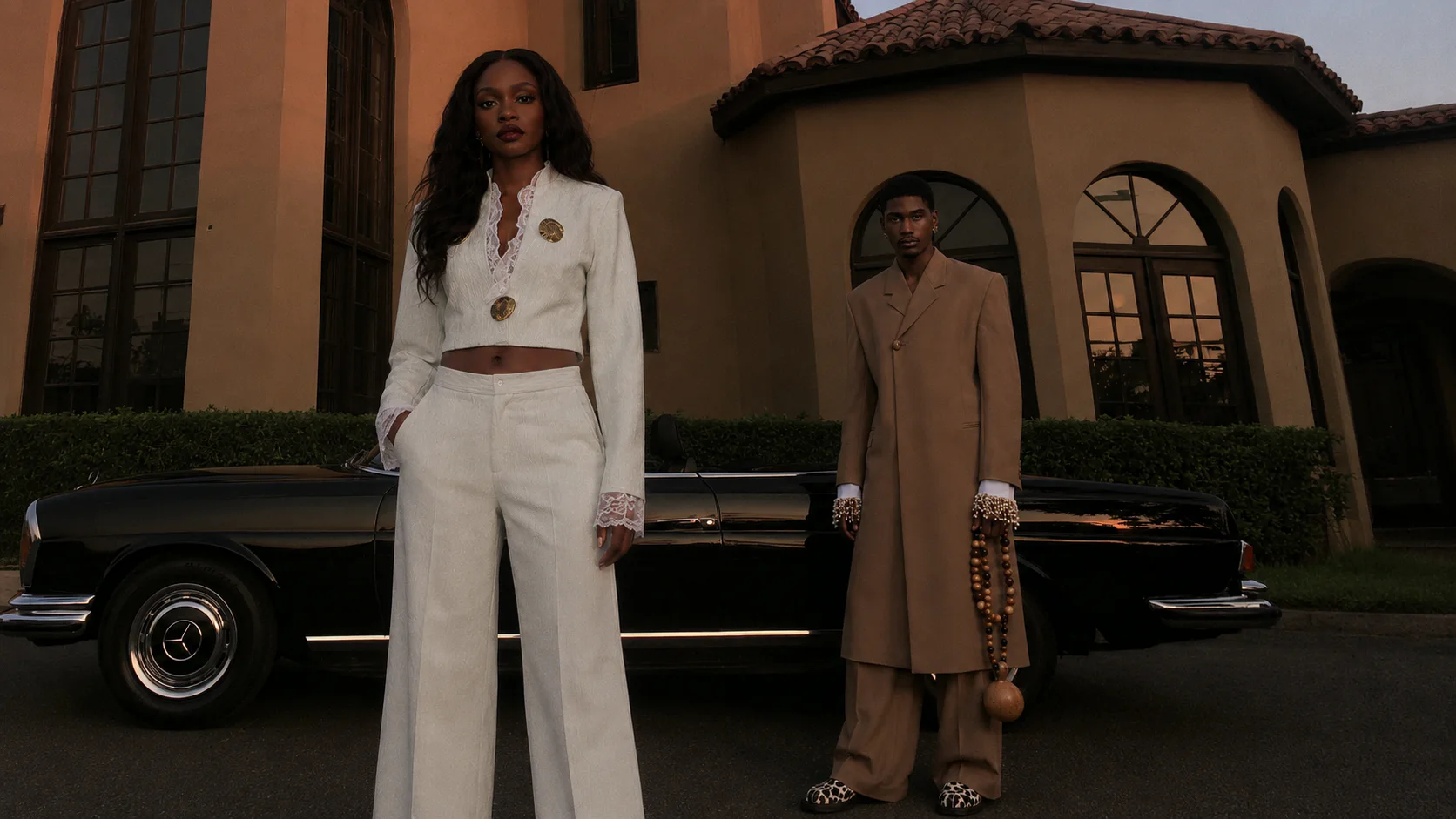 Two Obiageri figures outside a heritage home with a vintage car