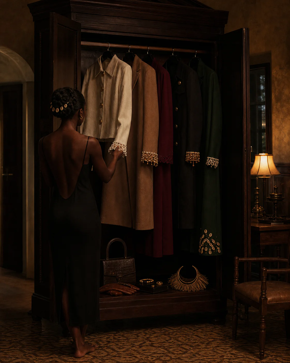 A dark mahogany wardrobe holding a coordinated collection of Obiageri looks